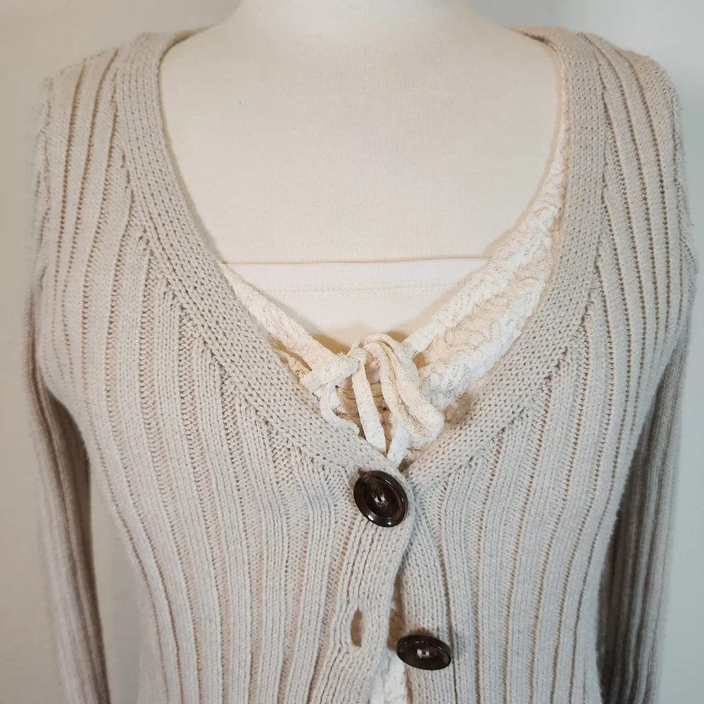 RSQ Collective Knit Cardigan Sweater‎ Women's L Brown Buttons Ribbed Beige Top